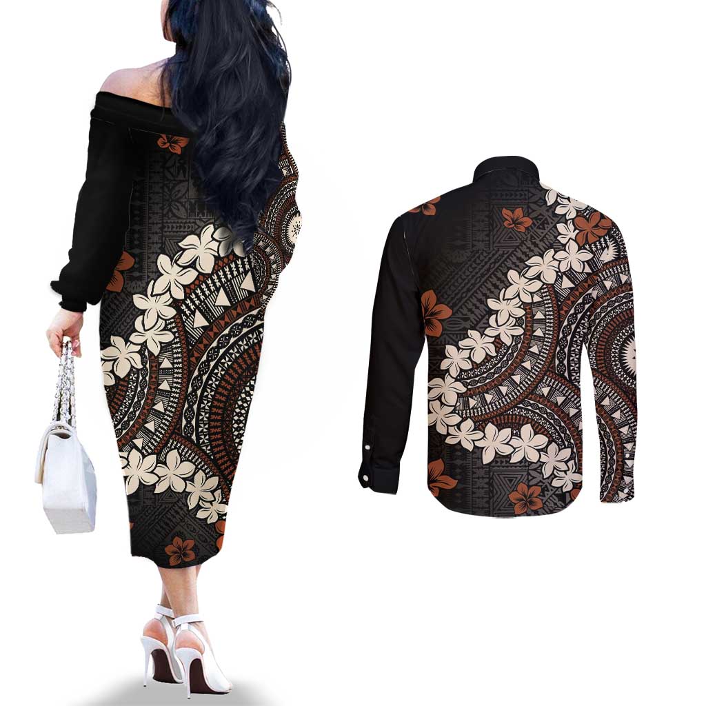 Bula Fiji Women's Day Couples Matching Off The Shoulder Long Sleeve Dress and Long Sleeve Button Shirt Classic Masi Tapa LT7 - Polynesian Pride