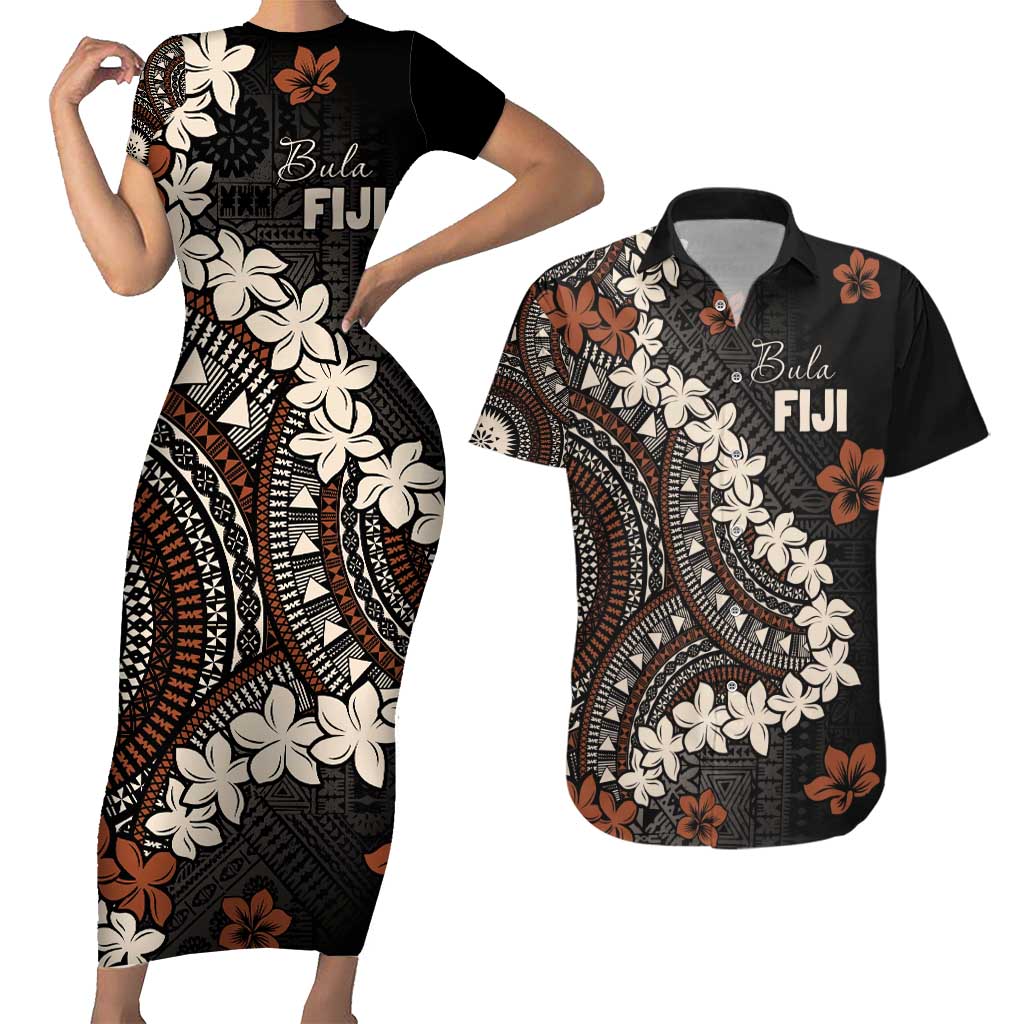 Bula Fiji Women's Day Couples Matching Short Sleeve Bodycon Dress and Hawaiian Shirt Classic Masi Tapa LT7 Brown - Polynesian Pride