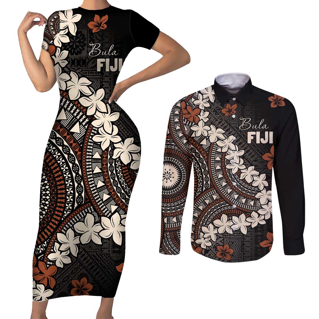 Bula Fiji Women's Day Couples Matching Short Sleeve Bodycon Dress and Long Sleeve Button Shirt Classic Masi Tapa LT7 Brown - Polynesian Pride