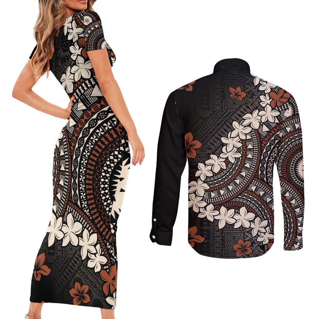 Bula Fiji Women's Day Couples Matching Short Sleeve Bodycon Dress and Long Sleeve Button Shirt Classic Masi Tapa LT7 - Polynesian Pride