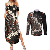 Bula Fiji Women's Day Couples Matching Summer Maxi Dress and Long Sleeve Button Shirt Classic Masi Tapa LT7 Brown - Polynesian Pride