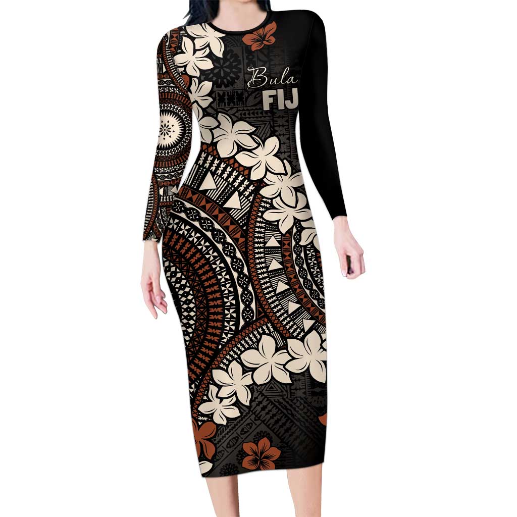 Bula Fiji Women's Day Family Matching Long Sleeve Bodycon Dress and Hawaiian Shirt Classic Masi Tapa LT7 Mom's Dress Brown - Polynesian Pride