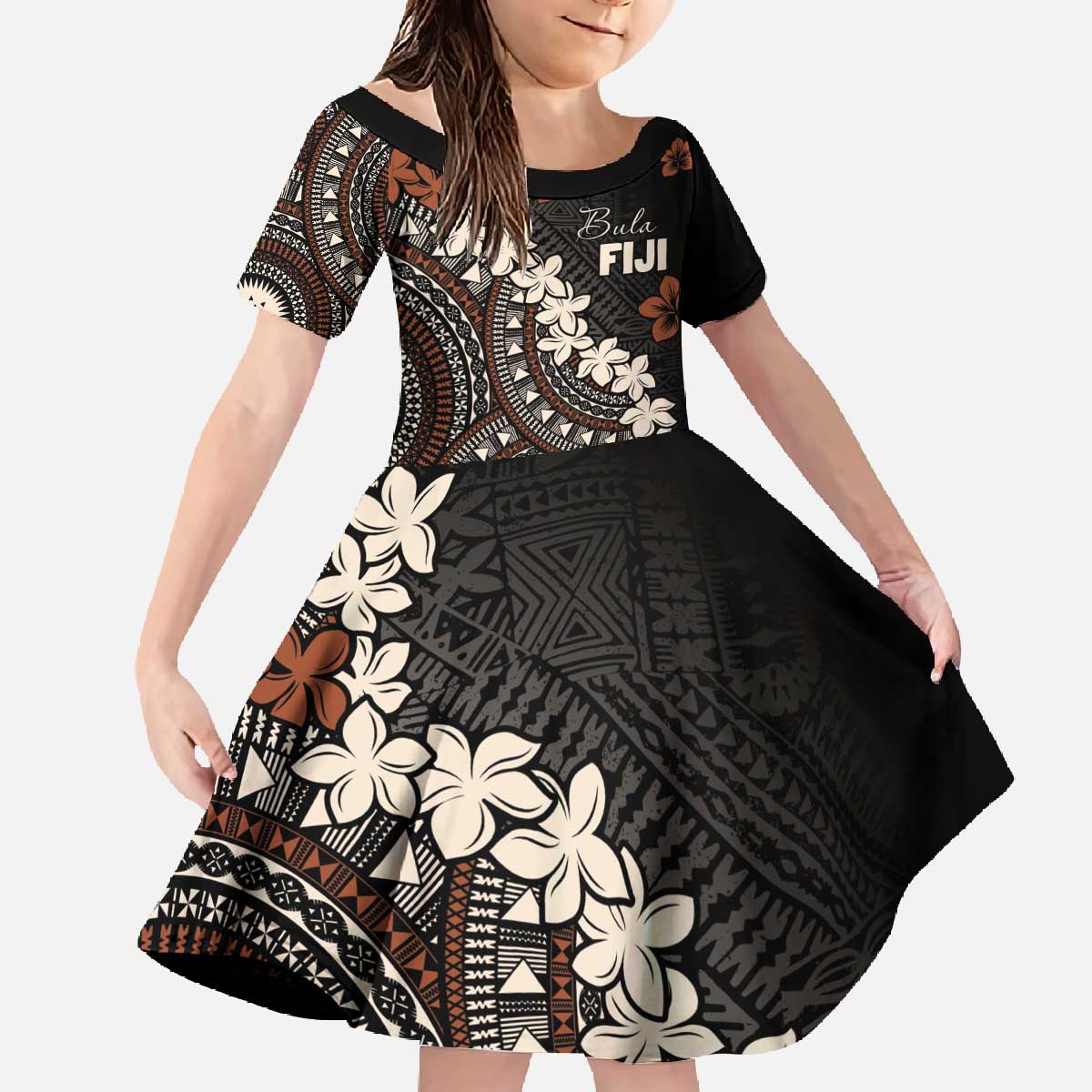 Bula Fiji Women's Day Family Matching Off The Shoulder Long Sleeve Dress and Hawaiian Shirt Classic Masi Tapa LT7 Daughter's Dress Brown - Polynesian Pride