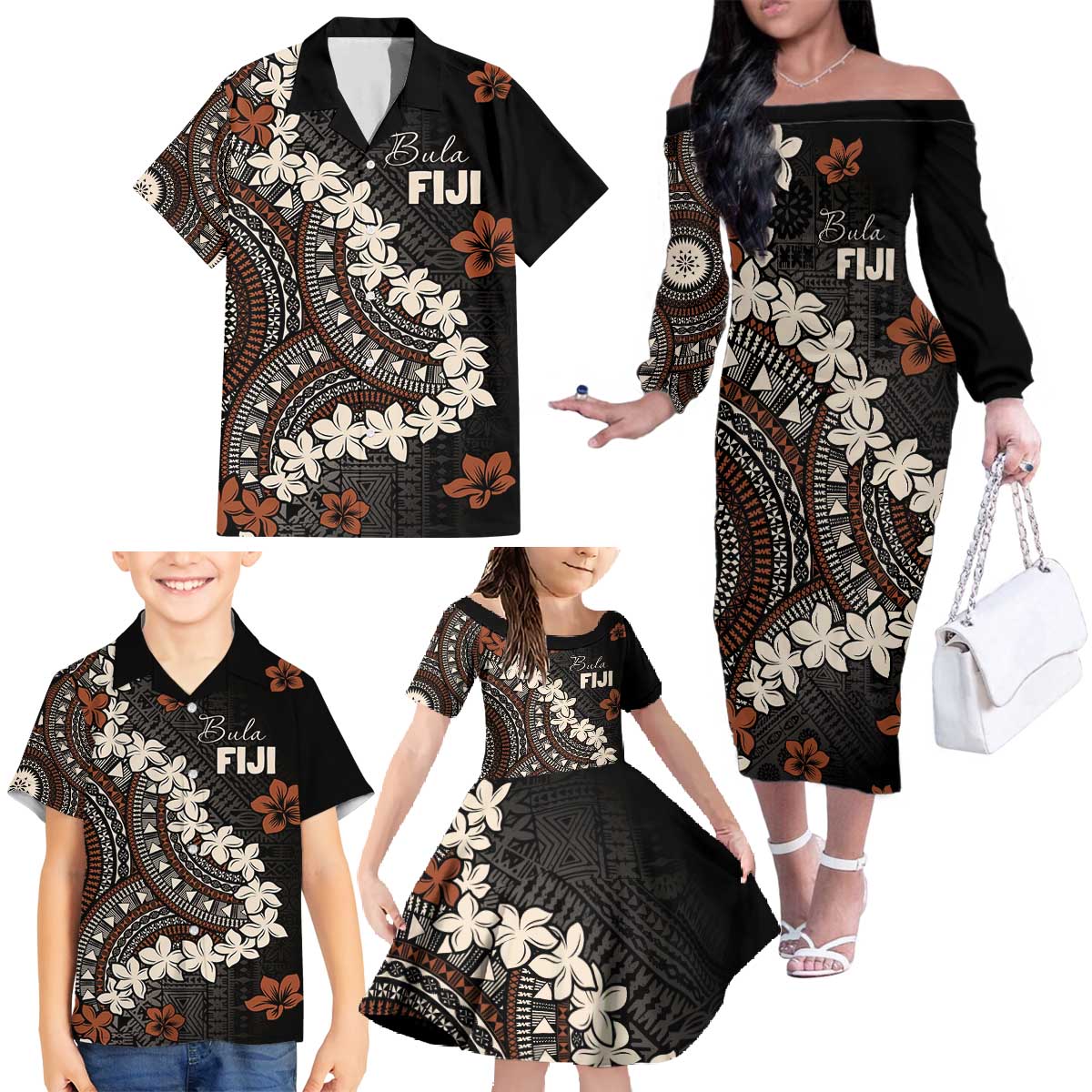 Bula Fiji Women's Day Family Matching Off The Shoulder Long Sleeve Dress and Hawaiian Shirt Classic Masi Tapa LT7 - Polynesian Pride