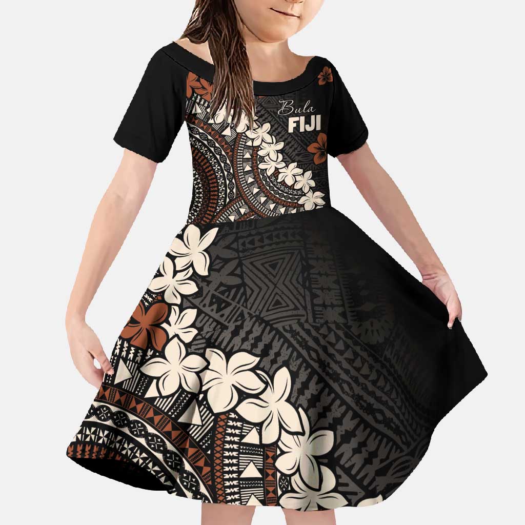 Bula Fiji Women's Day Family Matching Off Shoulder Maxi Dress and Hawaiian Shirt Classic Masi Tapa LT7 Daughter's Dress Brown - Polynesian Pride