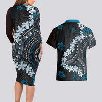 Bula Fiji Women's Day Couples Matching Long Sleeve Bodycon Dress and Hawaiian Shirt Indigo Masi Tapa LT7 - Polynesian Pride