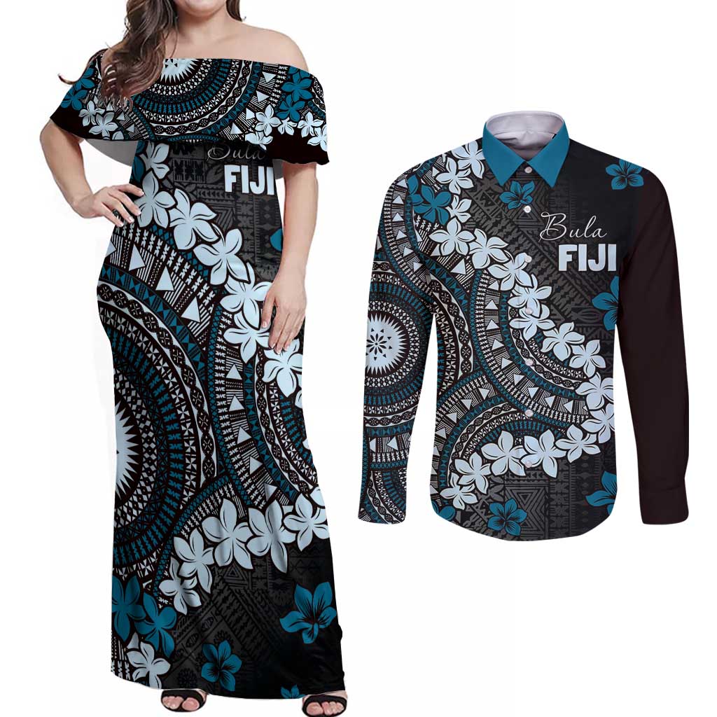 Bula Fiji Women's Day Couples Matching Off Shoulder Maxi Dress and Long Sleeve Button Shirt Indigo Masi Tapa LT7 Indigo - Polynesian Pride