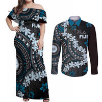 Bula Fiji Women's Day Couples Matching Off Shoulder Maxi Dress and Long Sleeve Button Shirt Indigo Masi Tapa LT7 Indigo - Polynesian Pride