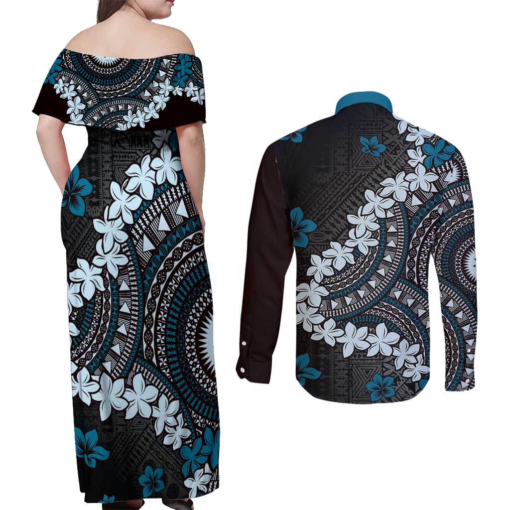 Bula Fiji Women's Day Couples Matching Off Shoulder Maxi Dress and Long Sleeve Button Shirt Indigo Masi Tapa LT7 - Polynesian Pride