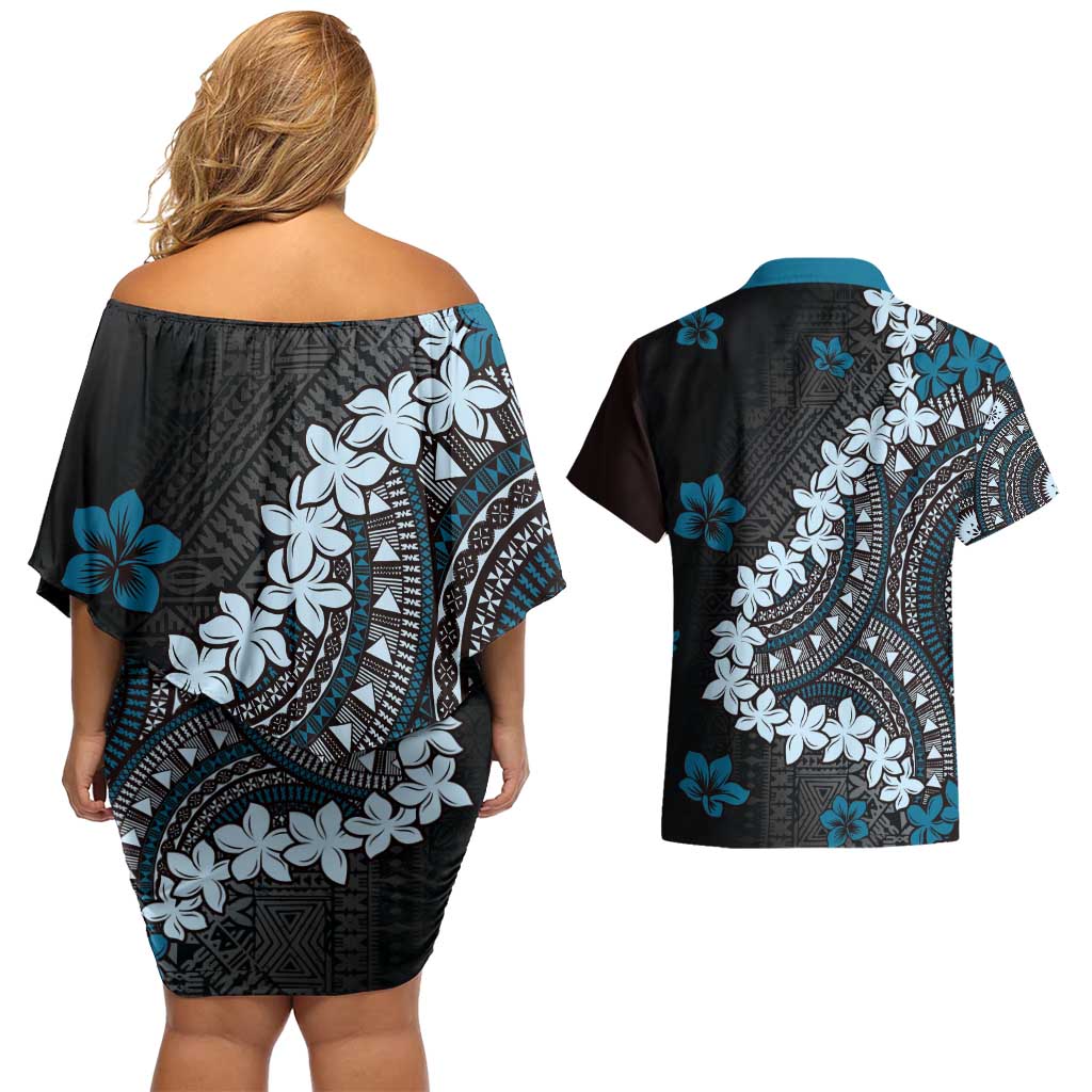 Bula Fiji Women's Day Couples Matching Off Shoulder Short Dress and Hawaiian Shirt Indigo Masi Tapa LT7 - Polynesian Pride