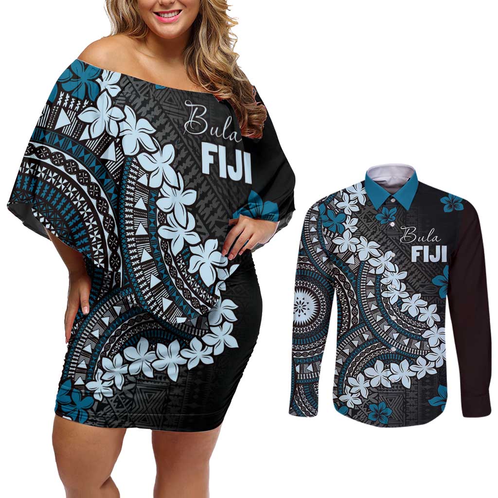 Bula Fiji Women's Day Couples Matching Off Shoulder Short Dress and Long Sleeve Button Shirt Indigo Masi Tapa LT7 Indigo - Polynesian Pride