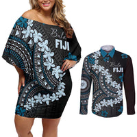 Bula Fiji Women's Day Couples Matching Off Shoulder Short Dress and Long Sleeve Button Shirt Indigo Masi Tapa LT7 Indigo - Polynesian Pride