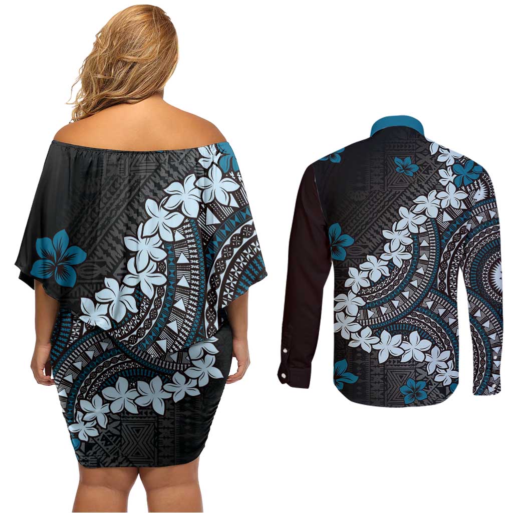 Bula Fiji Women's Day Couples Matching Off Shoulder Short Dress and Long Sleeve Button Shirt Indigo Masi Tapa LT7 - Polynesian Pride
