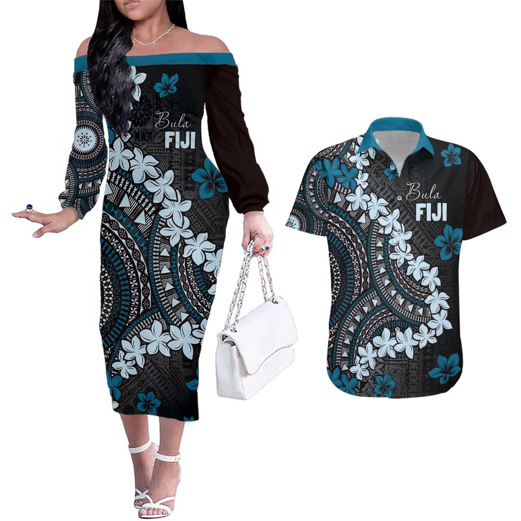 Bula Fiji Women's Day Couples Matching Off The Shoulder Long Sleeve Dress and Hawaiian Shirt Indigo Masi Tapa LT7 Indigo - Polynesian Pride