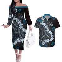 Bula Fiji Women's Day Couples Matching Off The Shoulder Long Sleeve Dress and Hawaiian Shirt Indigo Masi Tapa LT7 Indigo - Polynesian Pride