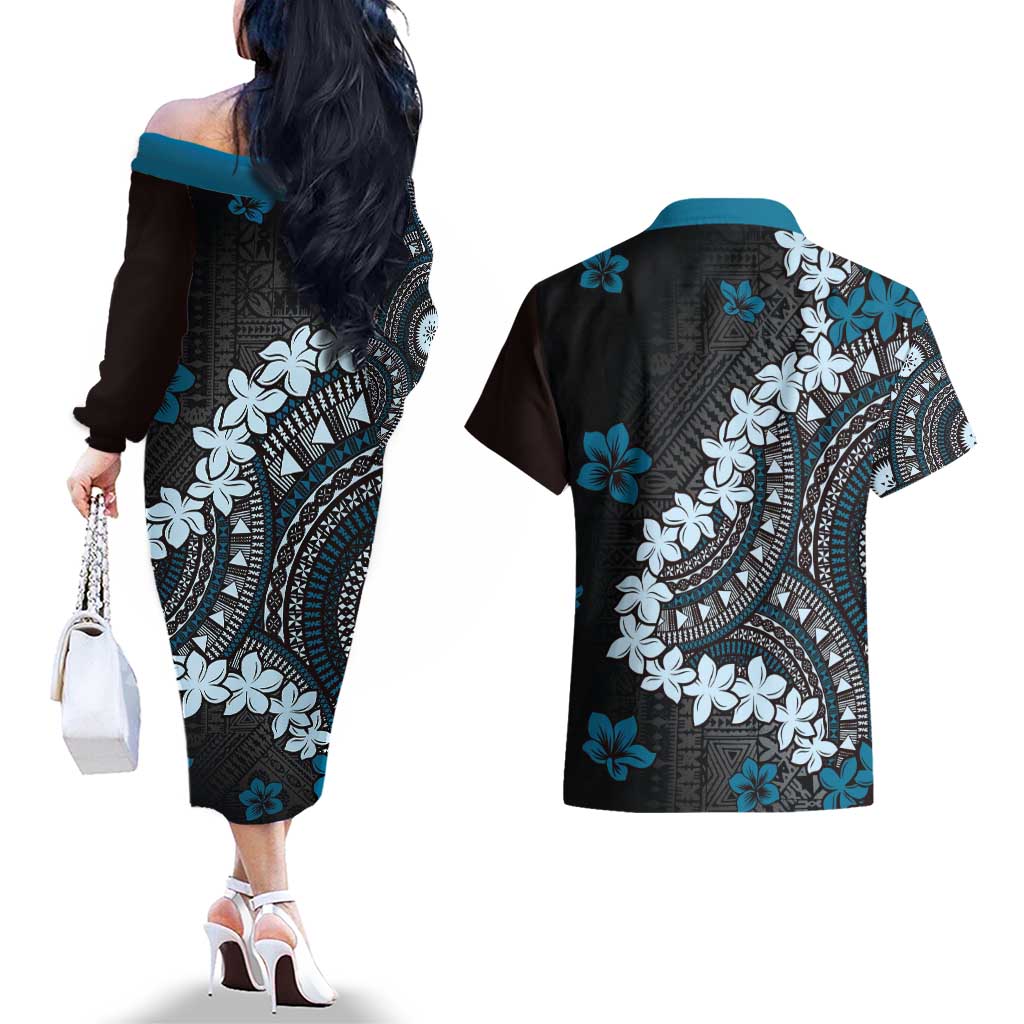 Bula Fiji Women's Day Couples Matching Off The Shoulder Long Sleeve Dress and Hawaiian Shirt Indigo Masi Tapa LT7 - Polynesian Pride