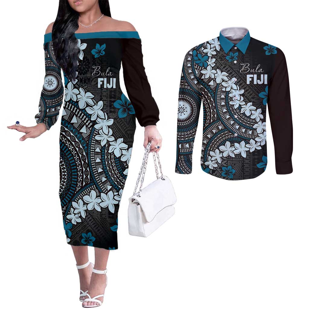 Bula Fiji Women's Day Couples Matching Off The Shoulder Long Sleeve Dress and Long Sleeve Button Shirt Indigo Masi Tapa LT7 Indigo - Polynesian Pride