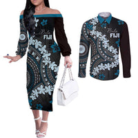 Bula Fiji Women's Day Couples Matching Off The Shoulder Long Sleeve Dress and Long Sleeve Button Shirt Indigo Masi Tapa LT7 Indigo - Polynesian Pride