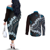 Bula Fiji Women's Day Couples Matching Off The Shoulder Long Sleeve Dress and Long Sleeve Button Shirt Indigo Masi Tapa LT7 - Polynesian Pride