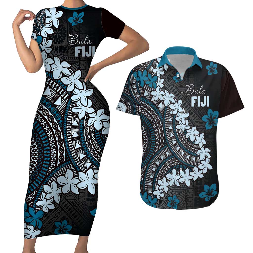 Bula Fiji Women's Day Couples Matching Short Sleeve Bodycon Dress and Hawaiian Shirt Indigo Masi Tapa LT7 Indigo - Polynesian Pride