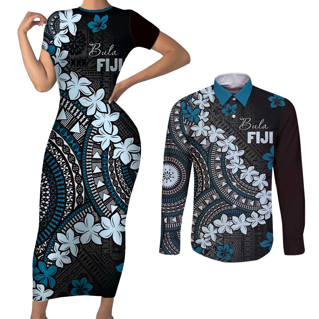 Bula Fiji Women's Day Couples Matching Short Sleeve Bodycon Dress and Long Sleeve Button Shirt Indigo Masi Tapa LT7 Indigo - Polynesian Pride