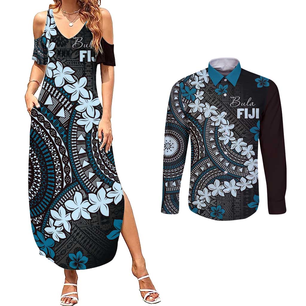 Bula Fiji Women's Day Couples Matching Summer Maxi Dress and Long Sleeve Button Shirt Indigo Masi Tapa LT7 Indigo - Polynesian Pride
