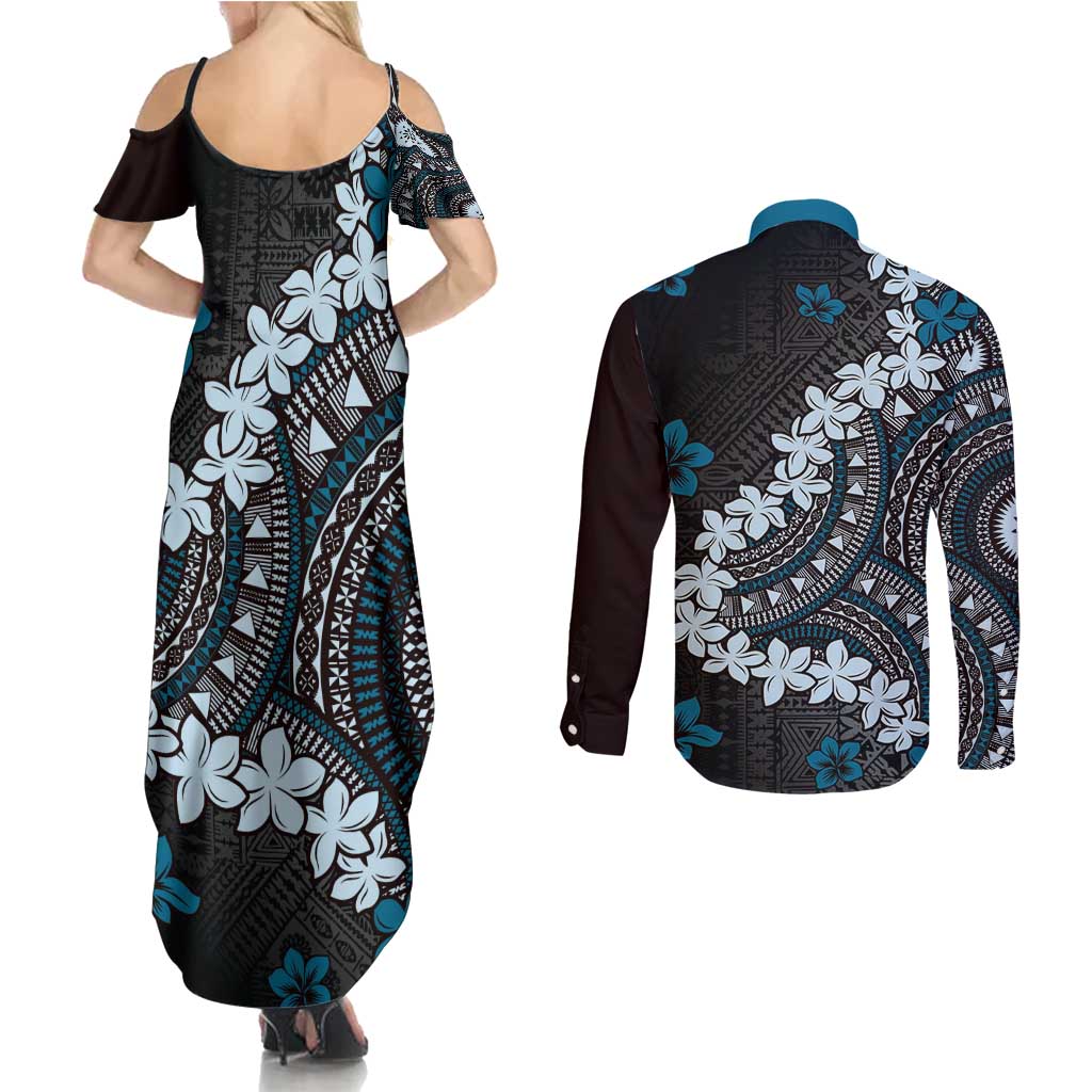 Bula Fiji Women's Day Couples Matching Summer Maxi Dress and Long Sleeve Button Shirt Indigo Masi Tapa LT7 - Polynesian Pride