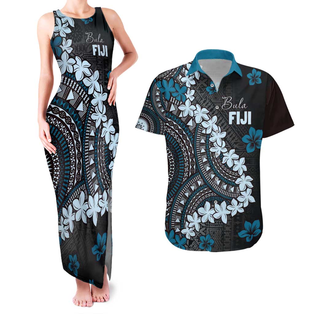 Bula Fiji Women's Day Couples Matching Tank Maxi Dress and Hawaiian Shirt Indigo Masi Tapa LT7 Indigo - Polynesian Pride