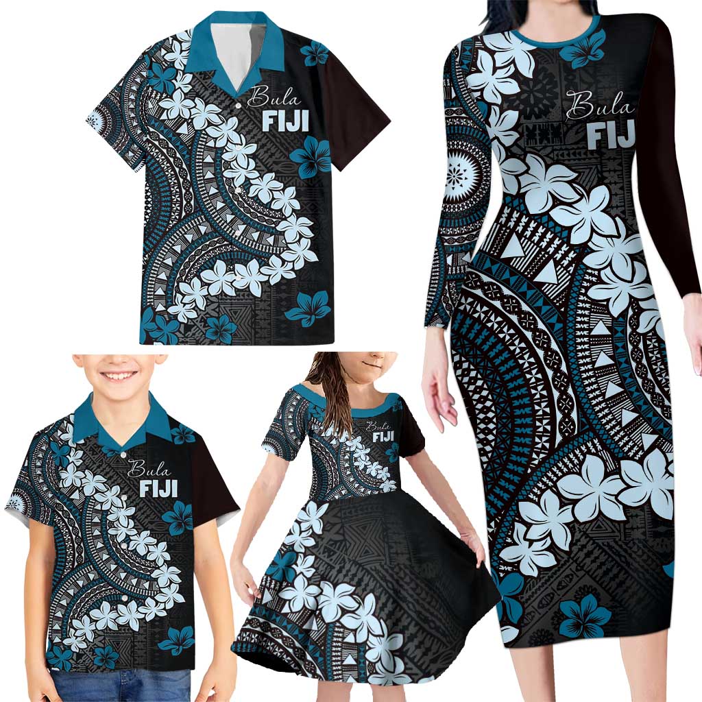 Bula Fiji Women's Day Family Matching Long Sleeve Bodycon Dress and Hawaiian Shirt Indigo Masi Tapa LT7 - Polynesian Pride