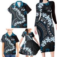 Bula Fiji Women's Day Family Matching Long Sleeve Bodycon Dress and Hawaiian Shirt Indigo Masi Tapa LT7 - Polynesian Pride