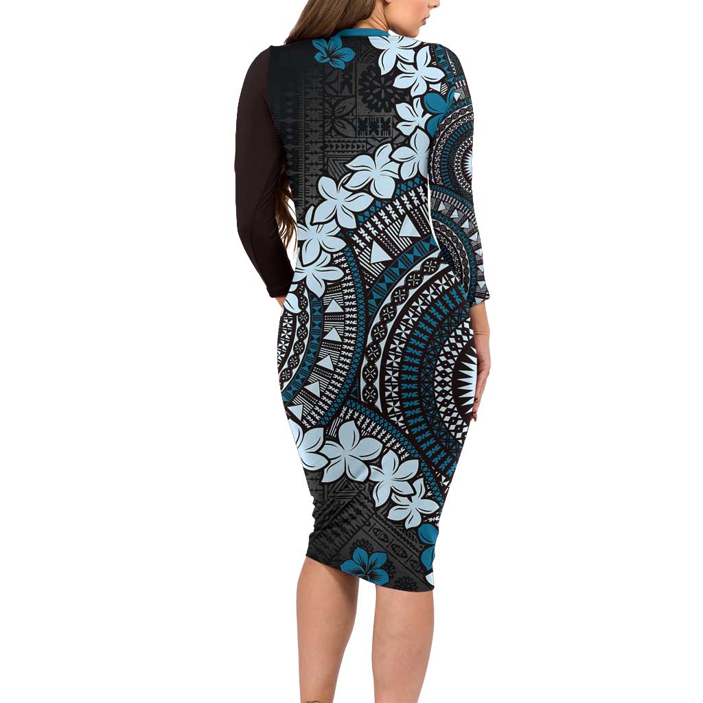 Bula Fiji Women's Day Family Matching Long Sleeve Bodycon Dress and Hawaiian Shirt Indigo Masi Tapa LT7 - Polynesian Pride