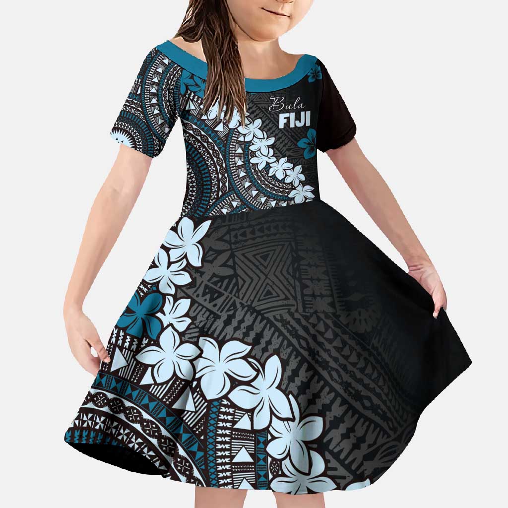 Bula Fiji Women's Day Family Matching Mermaid Dress and Hawaiian Shirt Indigo Masi Tapa LT7 Daughter's Dress Indigo - Polynesian Pride