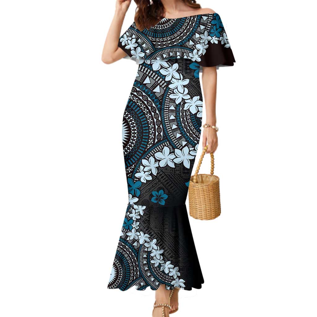 Bula Fiji Women's Day Family Matching Mermaid Dress and Hawaiian Shirt Indigo Masi Tapa LT7 Mom's Dress Indigo - Polynesian Pride