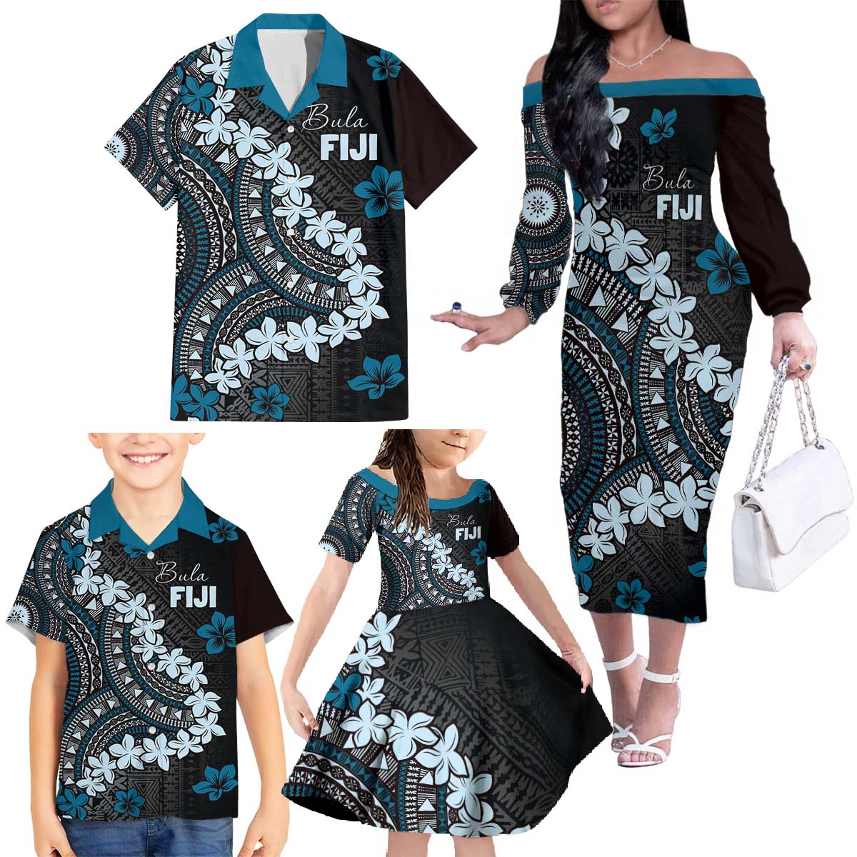 Bula Fiji Women's Day Family Matching Off The Shoulder Long Sleeve Dress and Hawaiian Shirt Indigo Masi Tapa LT7 - Polynesian Pride