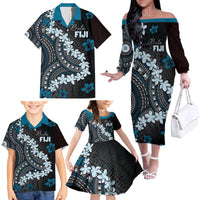 Bula Fiji Women's Day Family Matching Off The Shoulder Long Sleeve Dress and Hawaiian Shirt Indigo Masi Tapa LT7 - Polynesian Pride