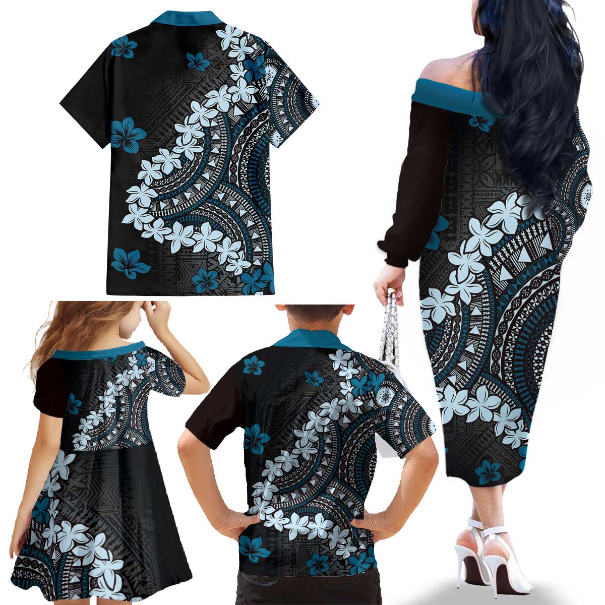 Bula Fiji Women's Day Family Matching Off The Shoulder Long Sleeve Dress and Hawaiian Shirt Indigo Masi Tapa LT7 - Polynesian Pride