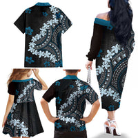 Bula Fiji Women's Day Family Matching Off The Shoulder Long Sleeve Dress and Hawaiian Shirt Indigo Masi Tapa LT7 - Polynesian Pride