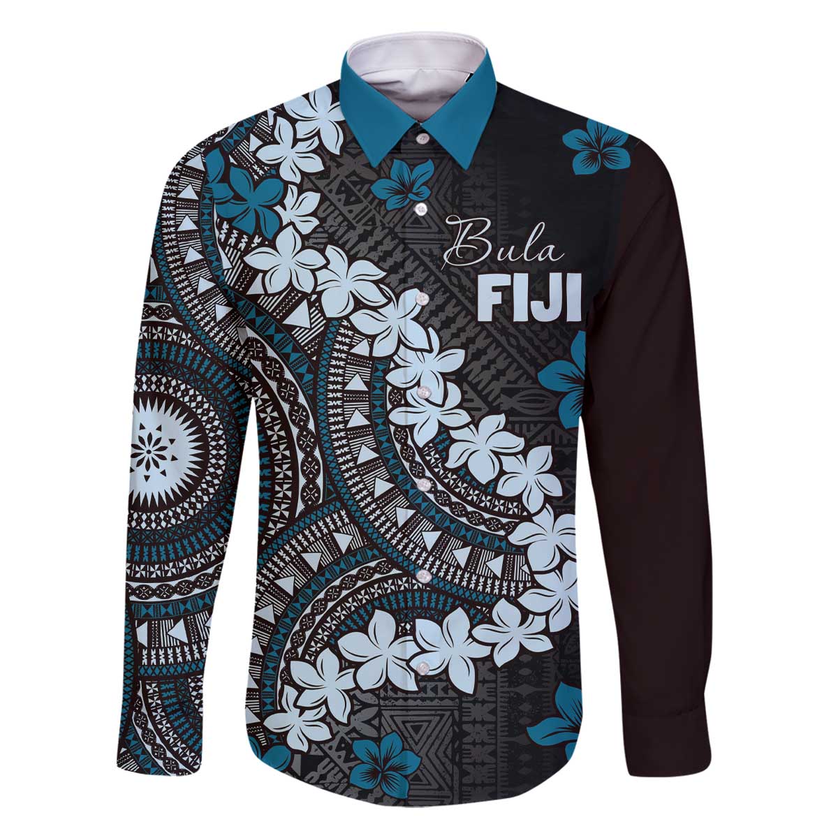 Bula Fiji Women's Day Family Matching Off The Shoulder Long Sleeve Dress and Hawaiian Shirt Indigo Masi Tapa LT7 Dad's Shirt - Long Sleeve Indigo - Polynesian Pride