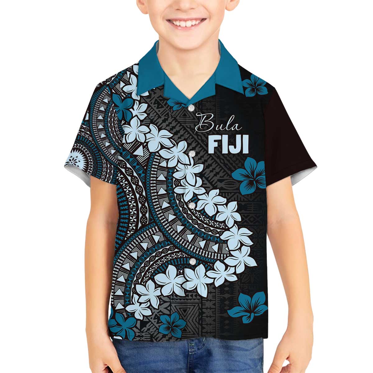 Bula Fiji Women's Day Family Matching Off The Shoulder Long Sleeve Dress and Hawaiian Shirt Indigo Masi Tapa LT7 Son's Shirt Indigo - Polynesian Pride