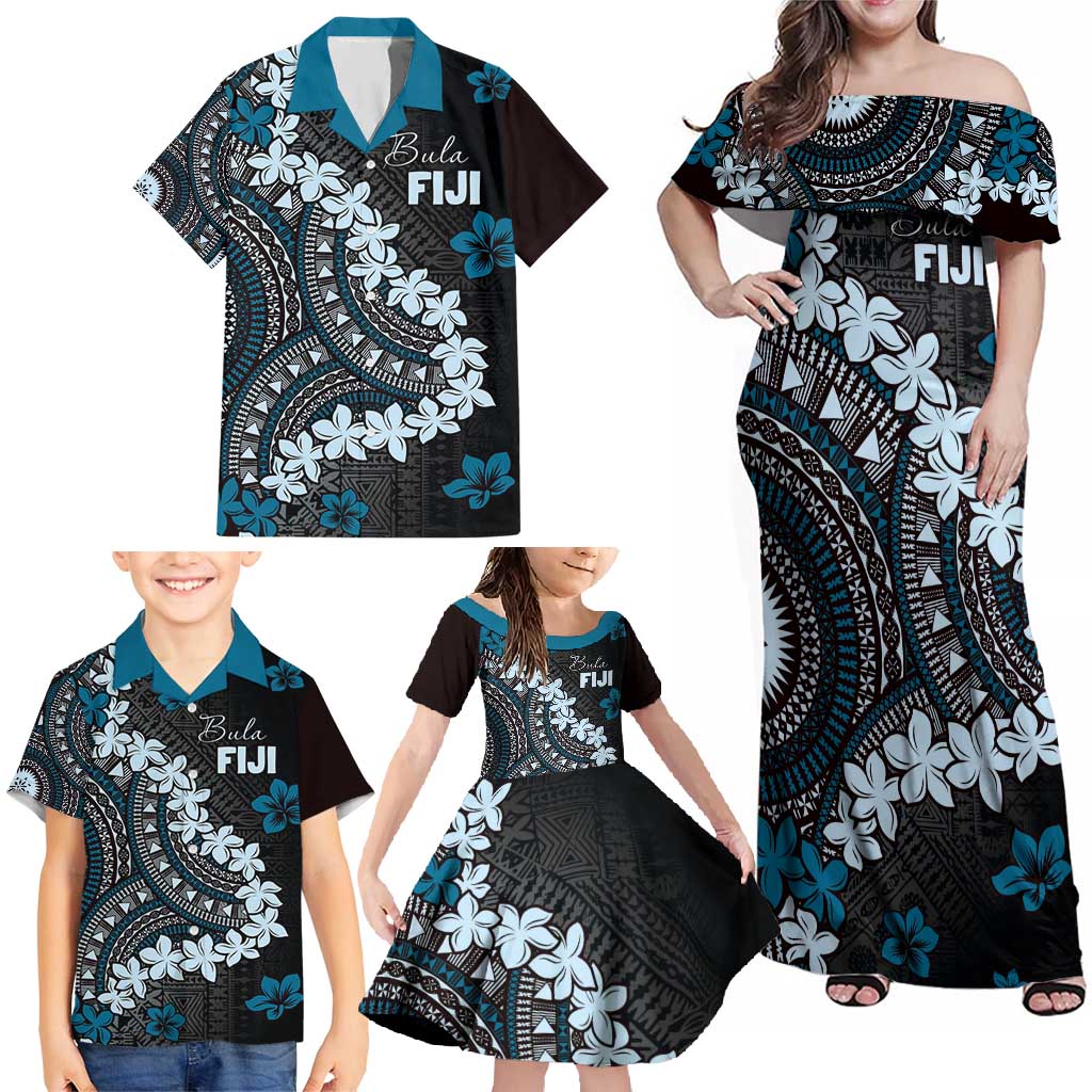Bula Fiji Women's Day Family Matching Off Shoulder Maxi Dress and Hawaiian Shirt Indigo Masi Tapa LT7 - Polynesian Pride