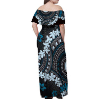 Bula Fiji Women's Day Family Matching Off Shoulder Maxi Dress and Hawaiian Shirt Indigo Masi Tapa LT7 - Polynesian Pride