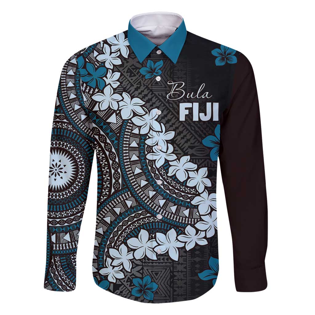 Bula Fiji Women's Day Family Matching Off Shoulder Short Dress and Hawaiian Shirt Indigo Masi Tapa LT7 Dad's Shirt - Long Sleeve Indigo - Polynesian Pride