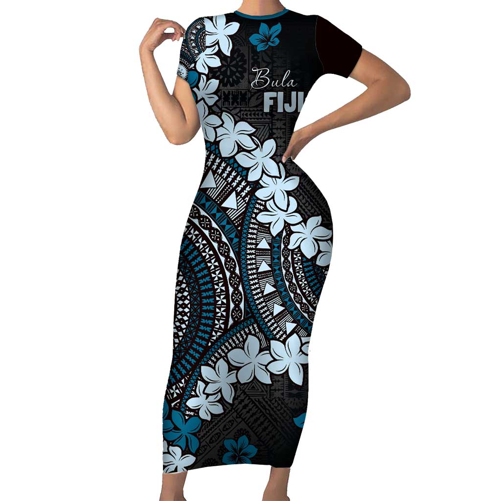 Bula Fiji Women's Day Short Sleeve Bodycon Dress Indigo Masi Tapa