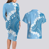 Bula Fiji Women's Day Couples Matching Long Sleeve Bodycon Dress and Hawaiian Shirt Turquoise Masi Tapa LT7 - Polynesian Pride