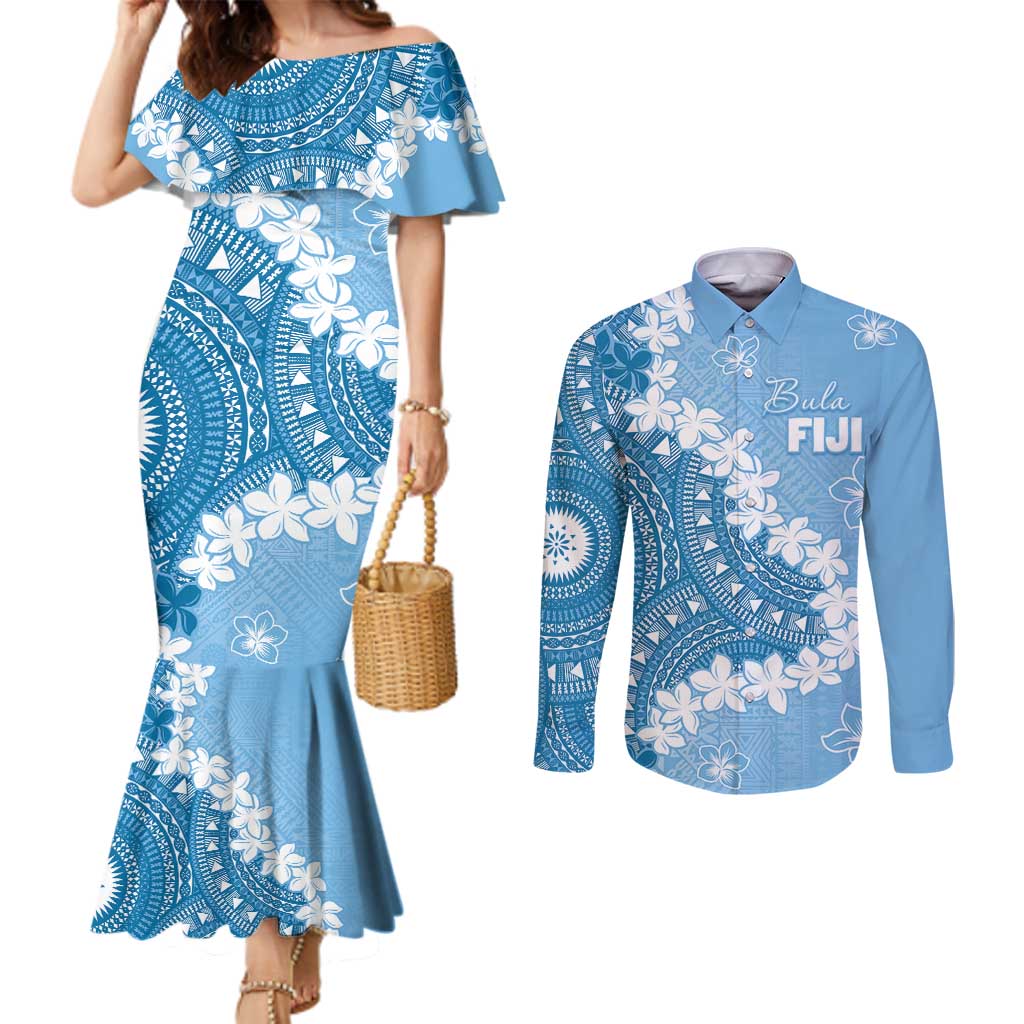 Bula Fiji Women's Day Couples Matching Mermaid Dress and Long Sleeve Button Shirt Turquoise Masi Tapa LT7 Turquoise - Polynesian Pride