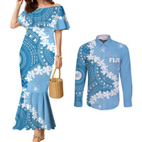 Bula Fiji Women's Day Couples Matching Mermaid Dress and Long Sleeve Button Shirt Turquoise Masi Tapa LT7 Turquoise - Polynesian Pride