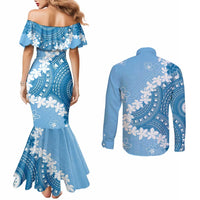 Bula Fiji Women's Day Couples Matching Mermaid Dress and Long Sleeve Button Shirt Turquoise Masi Tapa LT7 - Polynesian Pride