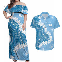 Bula Fiji Women's Day Couples Matching Off Shoulder Maxi Dress and Hawaiian Shirt Turquoise Masi Tapa LT7 Turquoise - Polynesian Pride