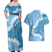 Bula Fiji Women's Day Couples Matching Off Shoulder Maxi Dress and Hawaiian Shirt Turquoise Masi Tapa LT7 - Polynesian Pride