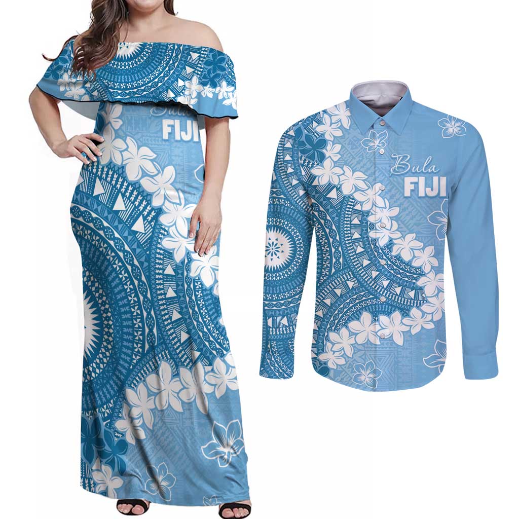 Bula Fiji Women's Day Couples Matching Off Shoulder Maxi Dress and Long Sleeve Button Shirt Turquoise Masi Tapa LT7 Turquoise - Polynesian Pride